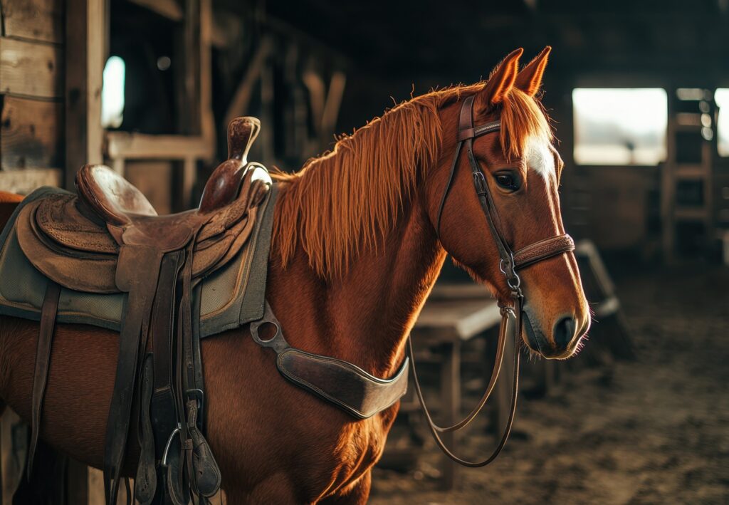 Chestnut horse in a western saddle and tack inside a rustic barn